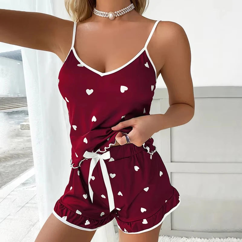 2025 sommer Pyjama 2Pcs Set Große Größe Weste Rüschen Shorts frauen Hosenträger Weiche Casual Nette Gedruckt Frauen pyjamas set Sexy Bogen.