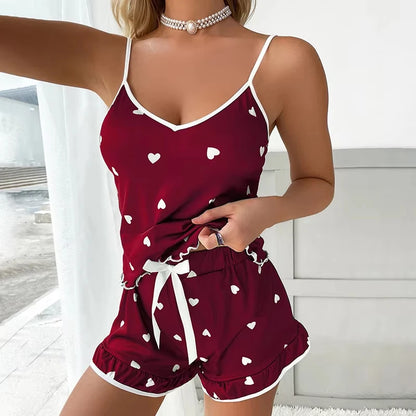 2025 sommer Pyjama 2Pcs Set Große Größe Weste Rüschen Shorts frauen Hosenträger Weiche Casual Nette Gedruckt Frauen pyjamas set Sexy Bogen.