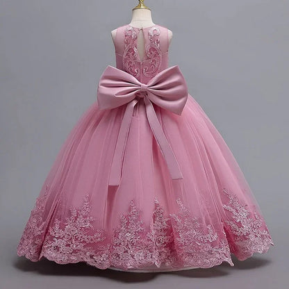 Gesticktes Mesh-Hochzeitskleid, Blumenmädchen-Performance-Mädchenkleid, 4–12 Jahre altes Mädchen-Prinzessinnenkleid mit großer Schleife.