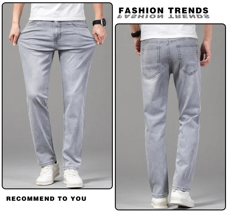Summer Thin Men's Elastic Cotton Jeans Fashion Gray Comfortable Business Straight Casual Pants Brand Male Clothes Trousers.