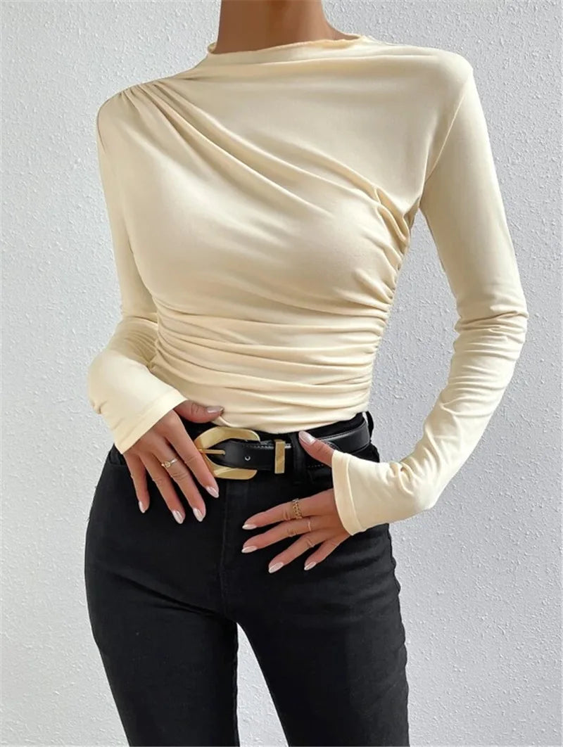 Fashion Solid Color Slim Fit T Shirt Women Trendy All-match Folds Long Sleeve T Shirts Ladies Tops Streetwear 2024 Spring New.