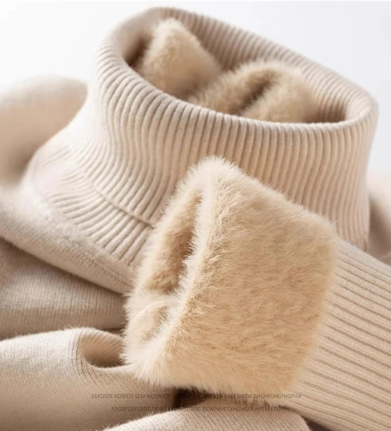 Men‘s Thermal Fleece High-neck Sweater Winter Turn-down Collar Fleece-lined Knitted Pullover Casual Keep Warm Thick Bottom Tops.