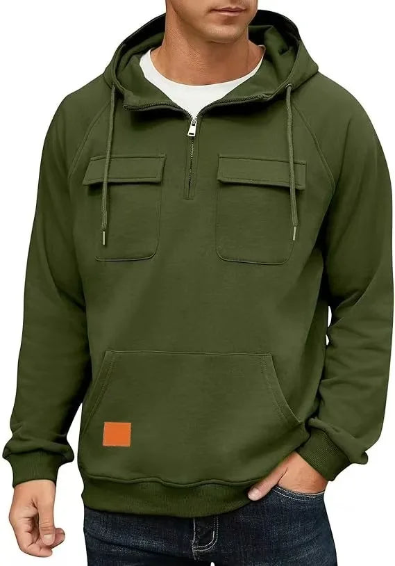 2025 New Autumn Winter Men's Hooded Solid-color Casual Hoodie Fashionable Young Man's Multi-Pocket Patch Hoodie Pullover Shirt.