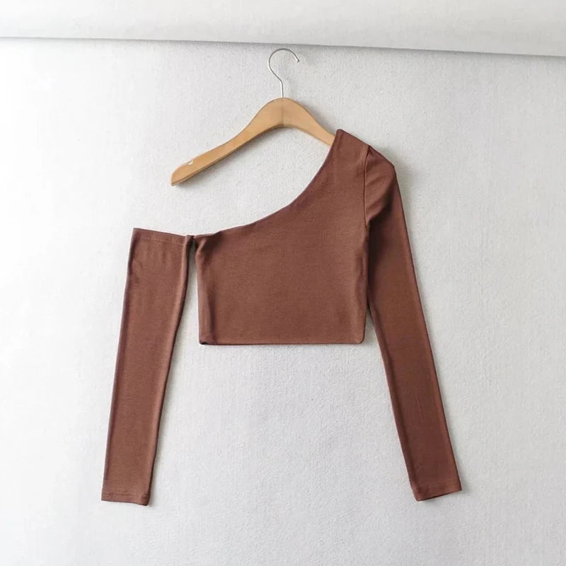 Women's One Shoulder Long Sleeved Crop Top