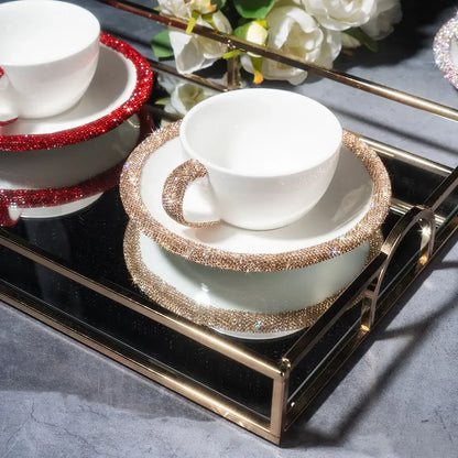 1 Set 210ml Cappuccino Coffee Cup Set Sparkling Rhinestone Ceramic Mugs With Saucer  Afternoon Tea Cup Dessert Plate Tablewar.