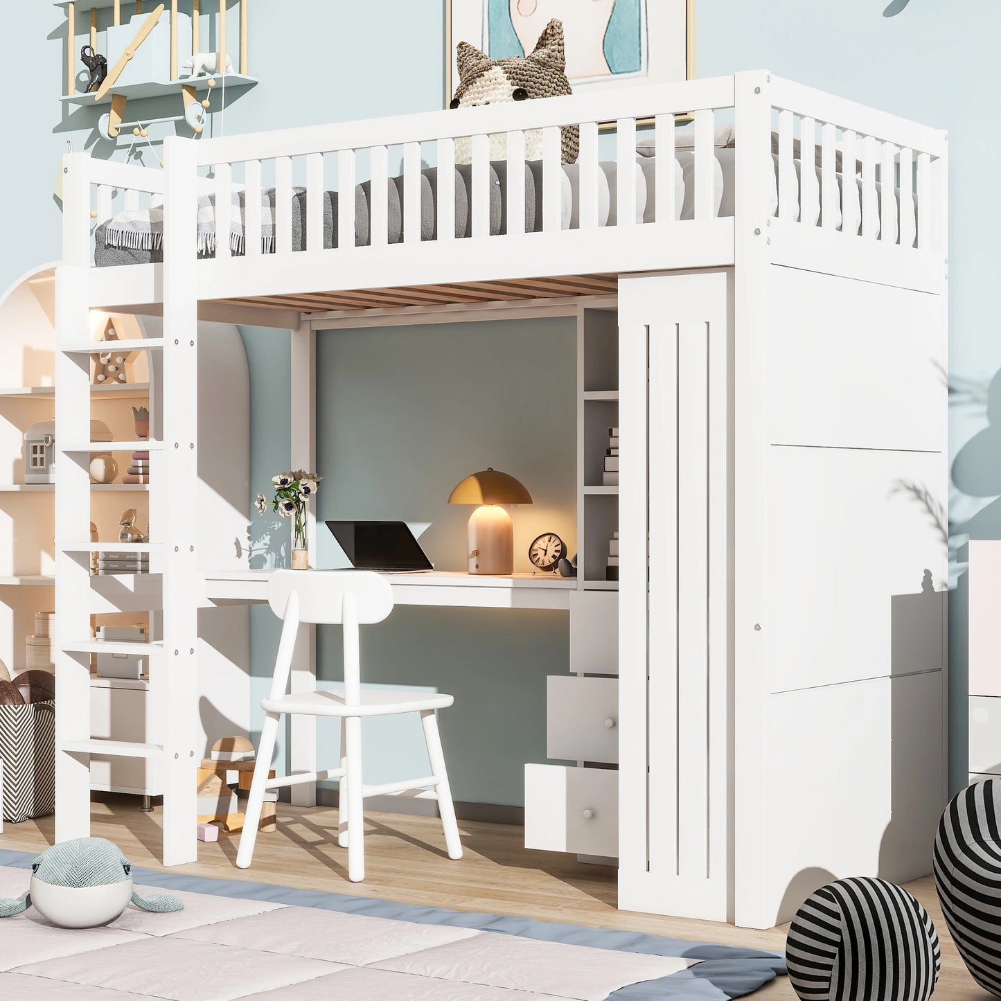 Merax Hochbett 90x200 cm Schreibtisch Kleiderschrank 3 Schubladen offener Stauraum Geländer Treppe ohne Matratze Weiß