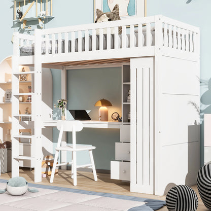 Merax Hochbett 90x200 cm Schreibtisch Kleiderschrank 3 Schubladen offener Stauraum Geländer Treppe ohne Matratze Weiß