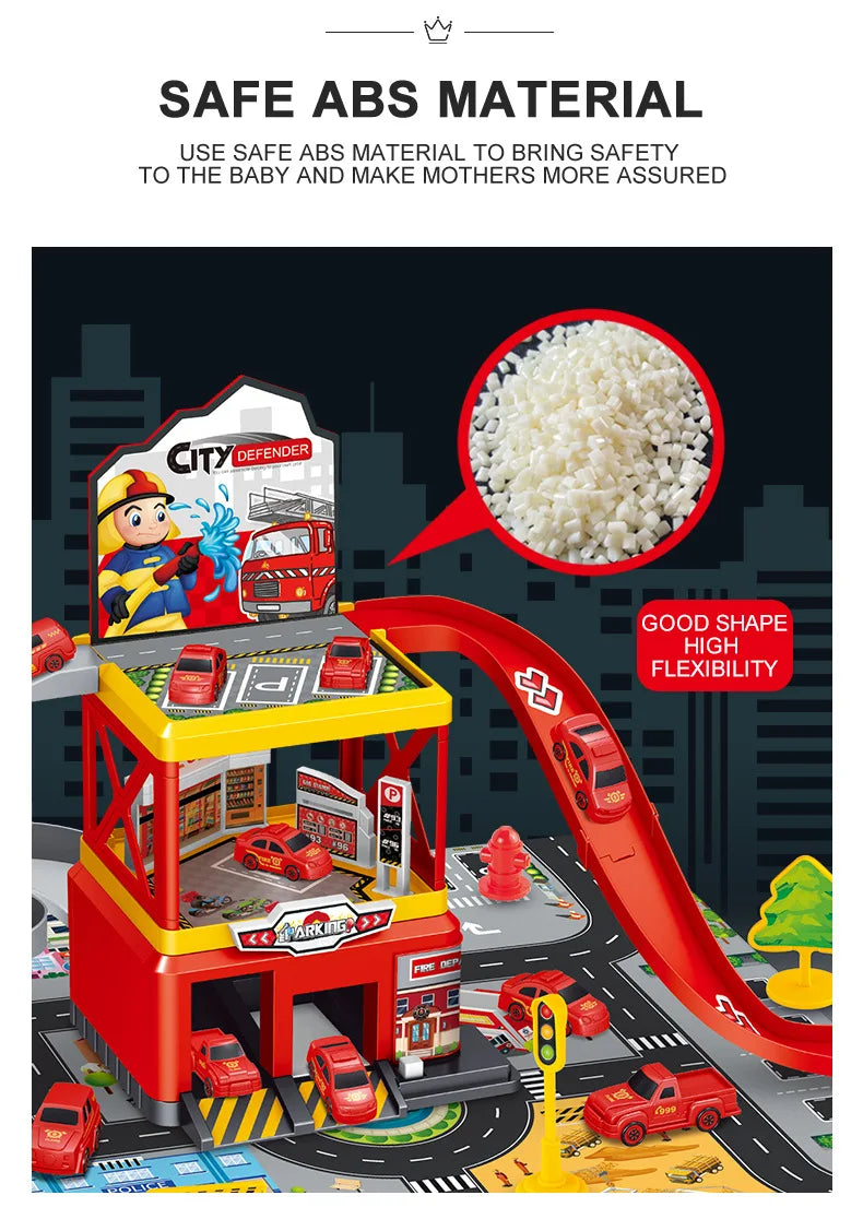Garage Racing Track Sliding Car Parking Lot Toys Multi-Storey Car Parking Fire Police Engineering Mini Vehicle Toy for Boys Gift.