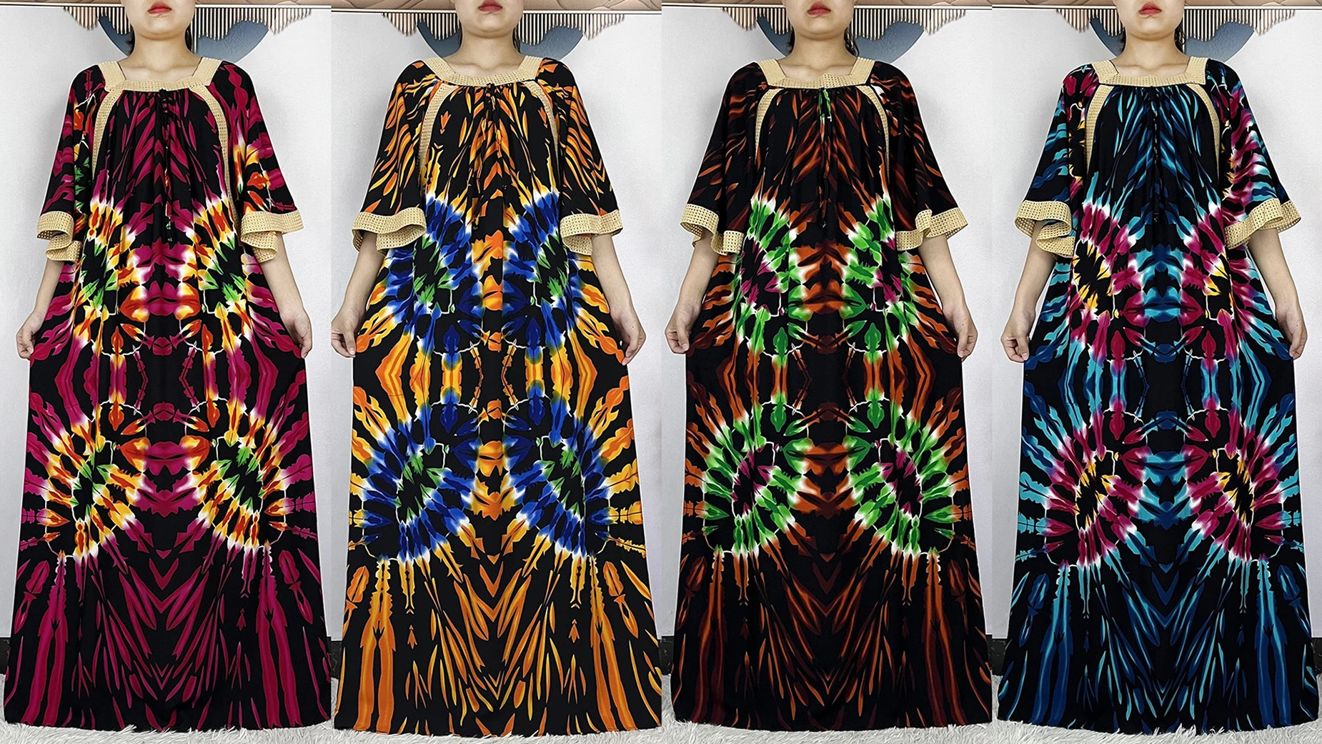 New Muslim Dress Woman Short Sleeve Dashiki African Abaya Tie-dyed Printing Cotton Loose Femme Robe Islamic Dresses With Scarf.