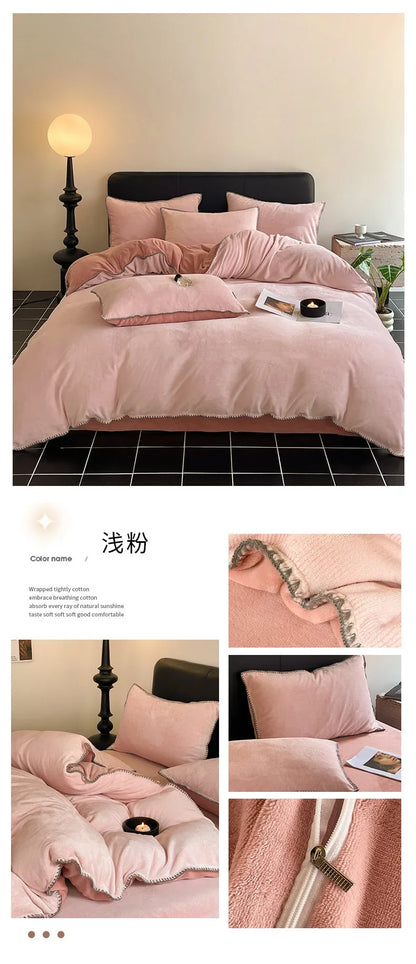 2024 new matte thin strip shell edge winter bed four-piece set milk fleece coral fleece thickened warm bed sheet quilt cover