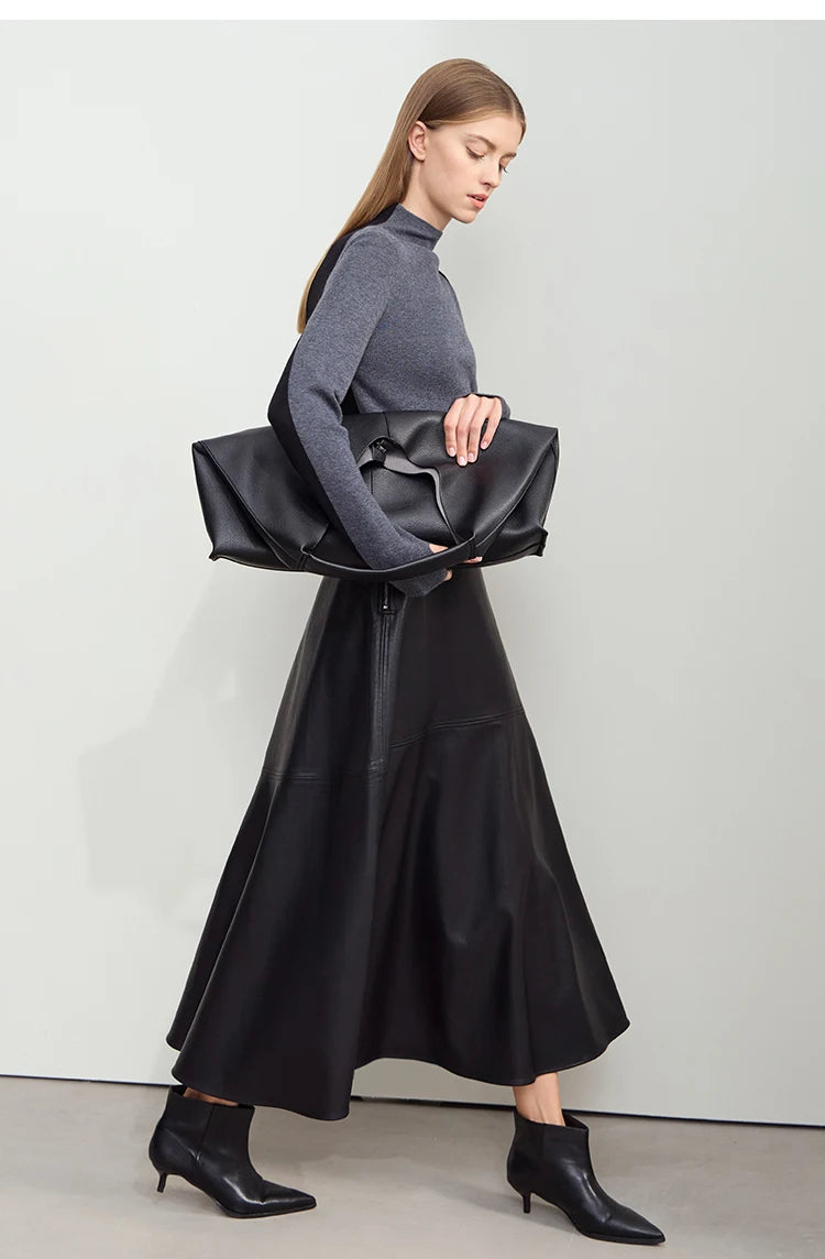 AMII Minimalist Elegant Commuter Environmentally Friendly PU Leather Skirt 2024 Winter New Women's Loose A-shaped Skirt 12444181.