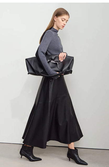 AMII Minimalist Elegant Commuter Environmentally Friendly PU Leather Skirt 2024 Winter New Women's Loose A-shaped Skirt 12444181.