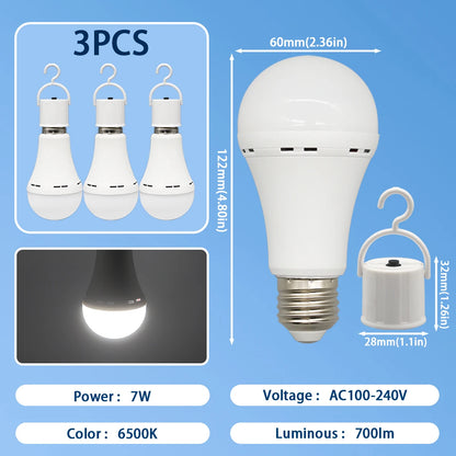 LED-Notfalllampe, wiederaufladbare Glühbirne, 7 W, E27, 110 V, 220 V, tragbar, zum Aufhängen, 3-Wege-Campinglampe, Zelt, Zuhause, Stromausfall, Veranda