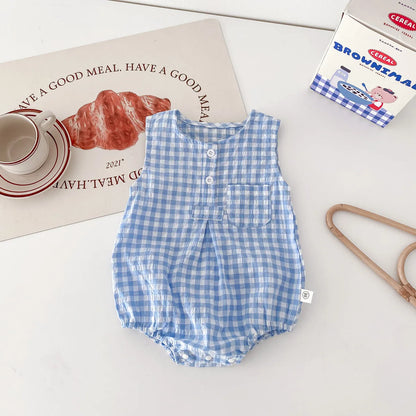 2024 Sommer Baby kleidung Plaid Kleinkind Jungen Mädchen Bodysuit ärmel los einteiliges Kleinkind Outfit
