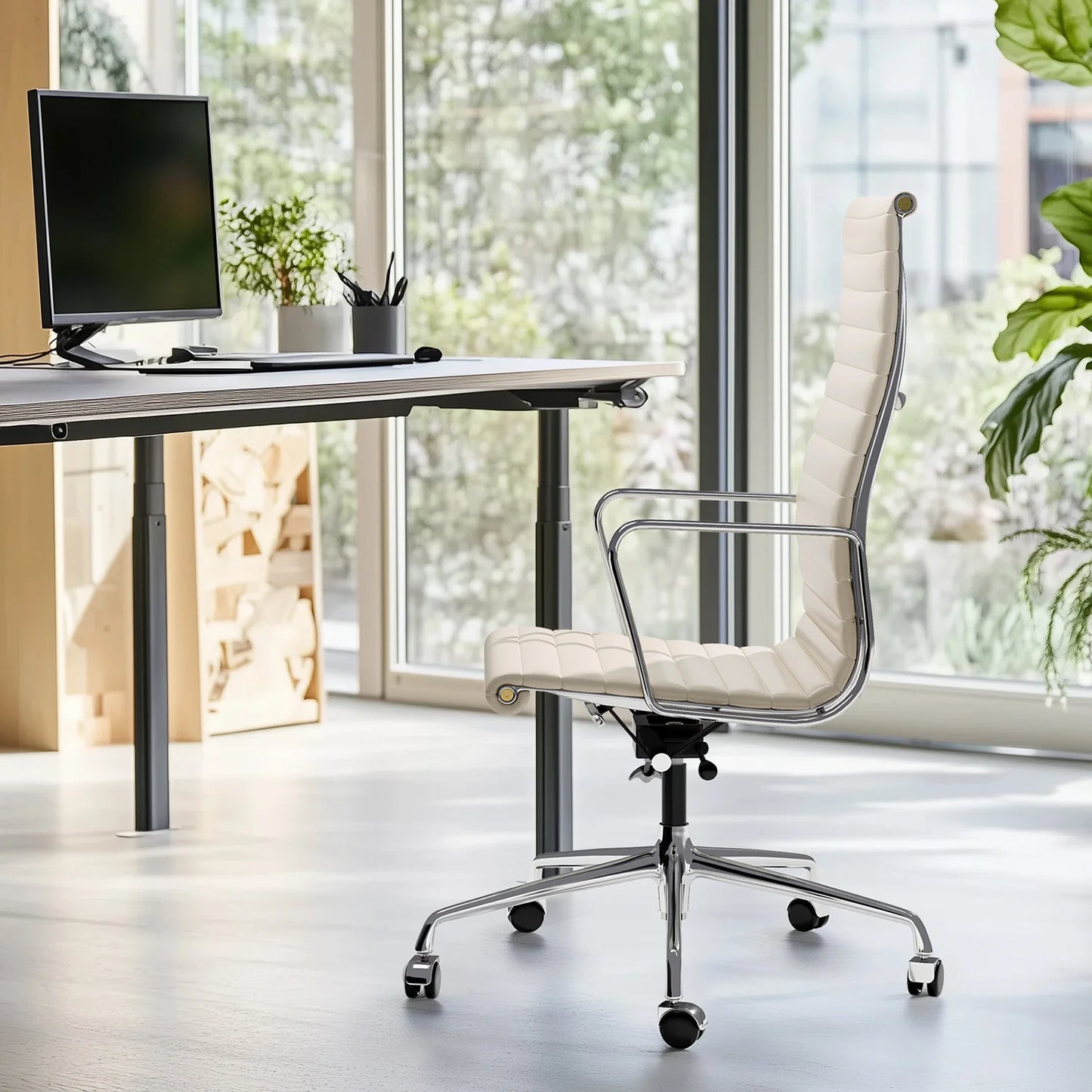 Weiße Drehstühle aus echtem Leder mit mittlerer Rückenlehne, ergonomischer Bürostuhl, verstellbarer drehbarer Gaming-Stuhl aus Leder, gerippter Bürostuhl