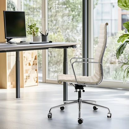 Weiße Drehstühle aus echtem Leder mit mittlerer Rückenlehne, ergonomischer Bürostuhl, verstellbarer drehbarer Gaming-Stuhl aus Leder, gerippter Bürostuhl