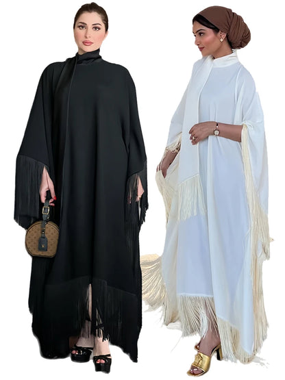 Eid Satin Luxury Green White Black Pink Khimar Tassel Butterfly Batwing Abaya For Women Islam Muslim Maxi Dress Kaftan Kebaya.