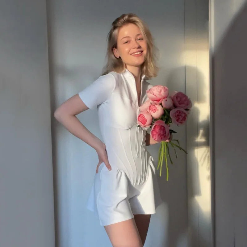 Elegant Women Zip-up O-neck Long Sleeve Jumpsuit Streetwear 2025 Summer Autumn Female Overalls One Piece Fitness Sports Bodysuit.