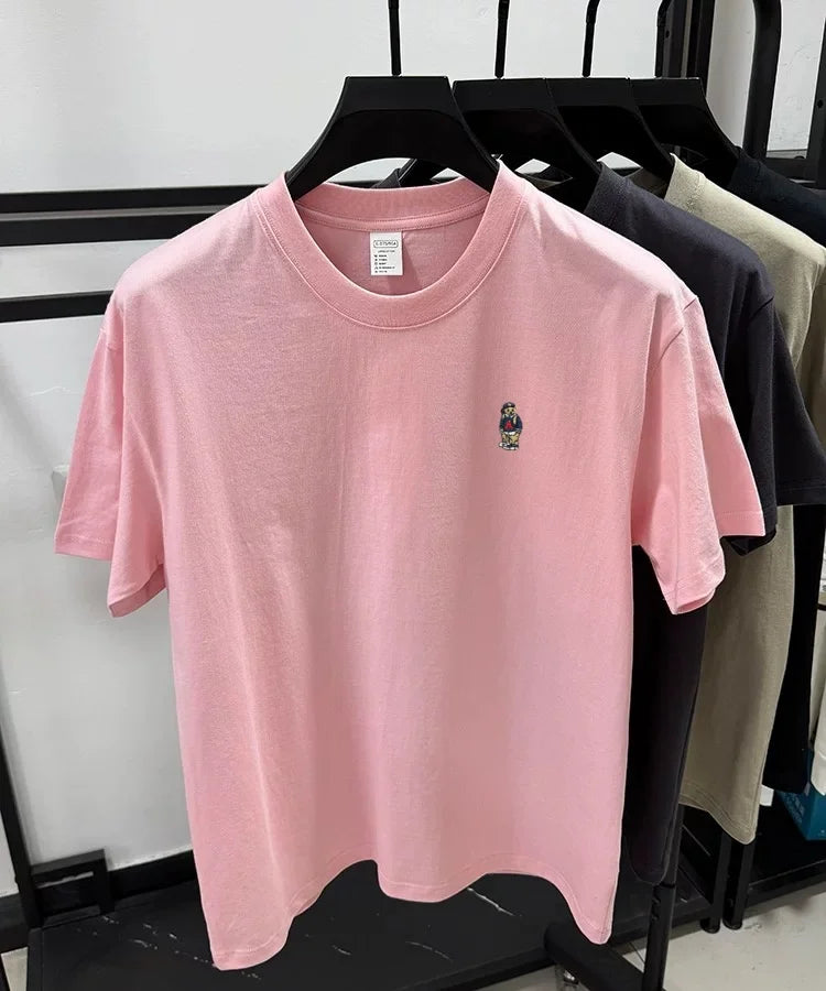 Light luxury 100% cotton men's T-shirt short sleeve round neck skin friendly comfort fashion brand cartoon bear embroidered top.