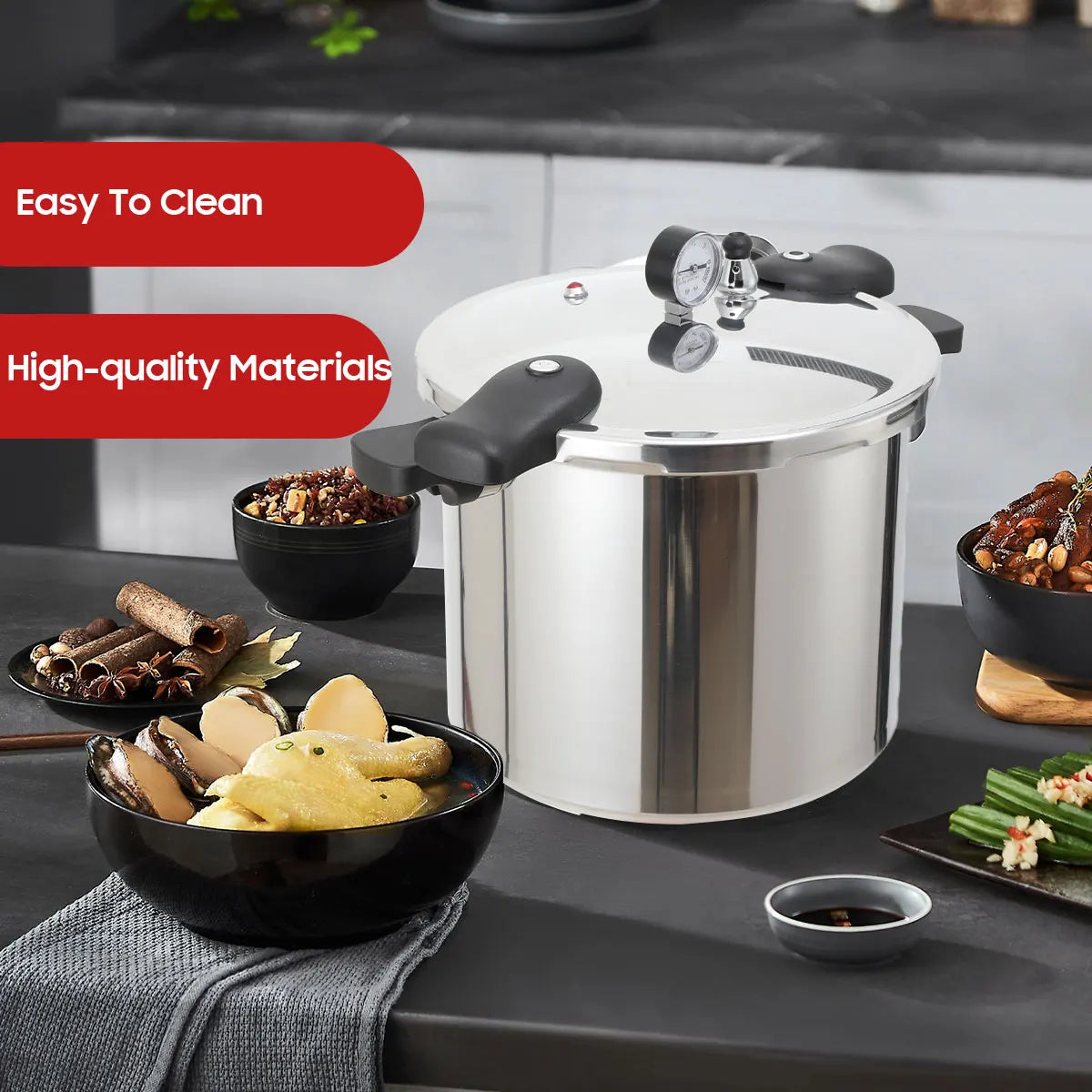 22L Aluminium Alloy Pressure Canner 90Kpa Thickened Explosion-proof Pressure Cooker Pot with Pressure Gauge and Safety Valve.