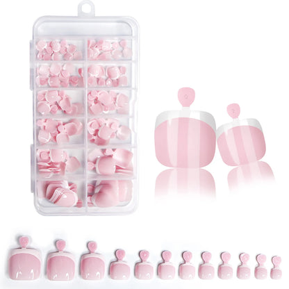 120Pcs Glossy Nude Pink French Press-On-Toenail Set 1*Box Short French Square  Fake Toe Nails Solid-Color Manicure Toenails Tips.