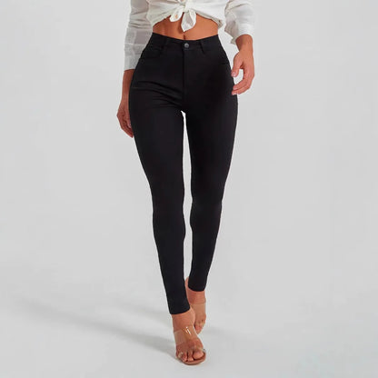 Women's Mid-Waist Slim Fit Black Denim Pants Elastic Casual Style Comfortable Cotton Long Trousers Versatile All-Season Jeans.