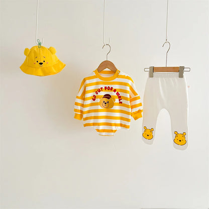 Cartoon gelber Bär gestreifter Body Frühling Herbst weiche Baumwolle Baby kleidung Overall Neugeborene Kleidung K6181-1.
