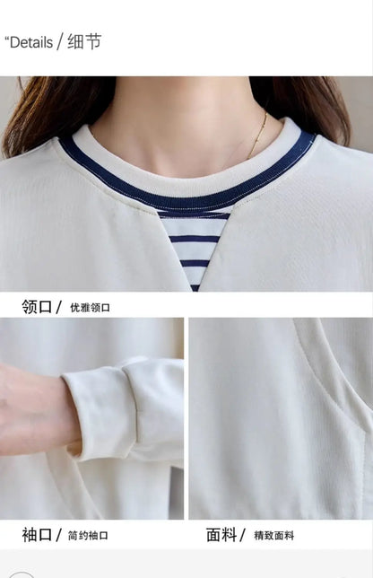 Apricot Round Neck Contrast Long Sleeve Womens Sweatshirt Stylish Casual Minimalist Top.