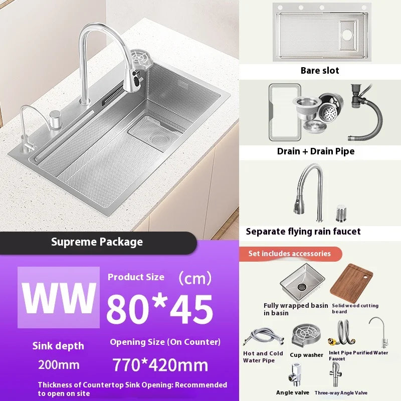 Silver 304 Stainless Steel Waterfall Kitchen Sink Multifunctional Scratch and Wear Resistant Large Single Slot Undermount Basin