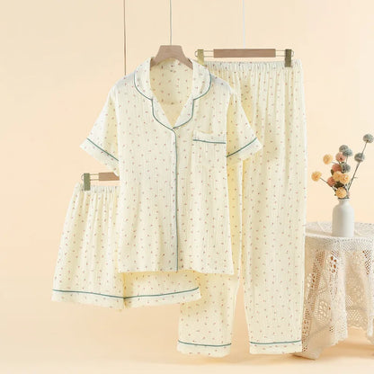 Pajamas pure cotton three-piece set spring and summer thin crepe autumn gauze lapel short-sleeved trousers shorts loungewear set