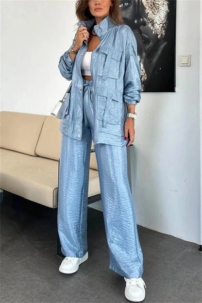Streetwear 2 Piece Sets Women Outfit Spring Clothes Women 2025 Solid Pocket Jacket Top and Pant Sets Safari Style Tracksuits Set.