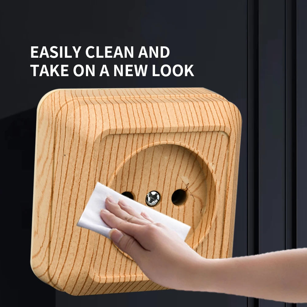 WESA Holz-Wandsteckdose, EU-Standard, Steckdose, Vintage-Imitation, Holzfarbe, Steckdose, flammhemmender Kunststoff.