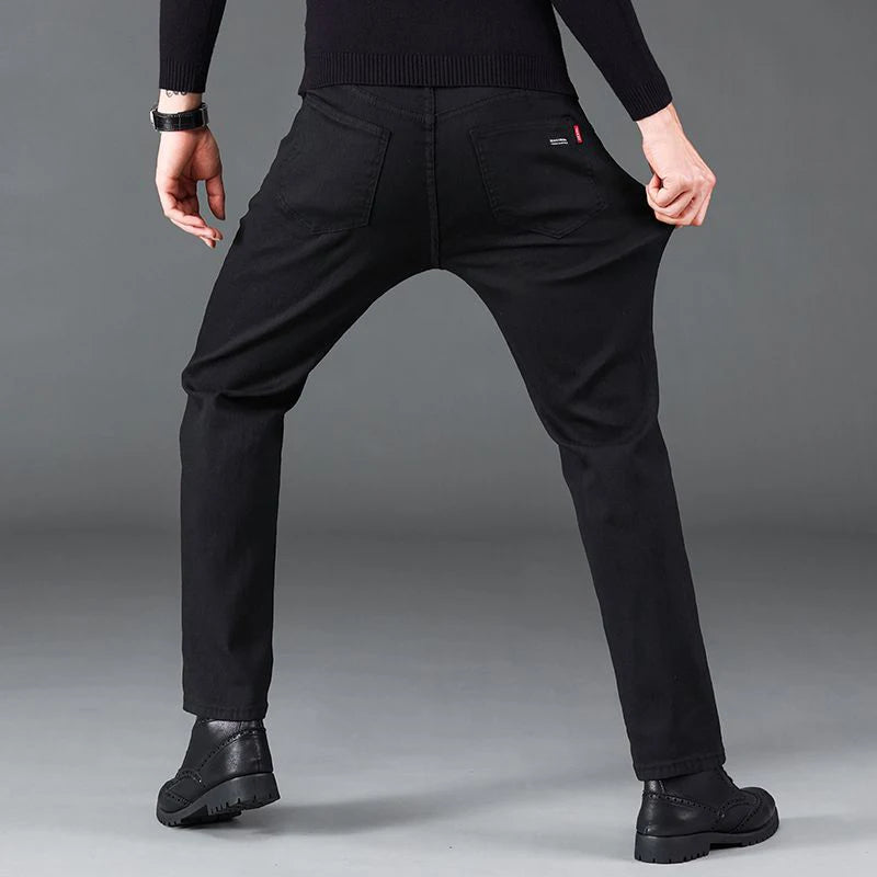 Men Business Denim Pants Male Classic Casual Straight Leg Slim Fit Trousers Elastic Solid Smoke Gray Pants.