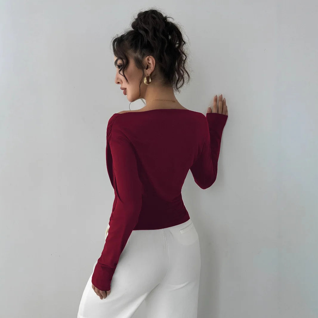 2025 Autumn Winter 2025 Solid-color Fashion Tops for Women Long Sleeve Blouses One-shoulder Collar Slimming Shirts Office Lady.