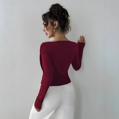 2025 Autumn Winter 2025 Solid-color Fashion Tops for Women Long Sleeve Blouses One-shoulder Collar Slimming Shirts Office Lady.