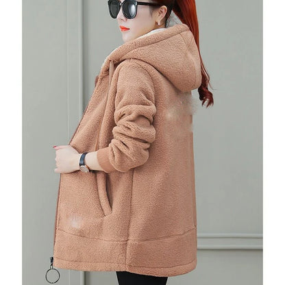 Damen verdickte Fleece-gefütterte mittellange Kapuzenjacke Winter neuer Reißverschluss-Cardigan-Mantel Lässige koreanische Lammwolljacke weiblich.