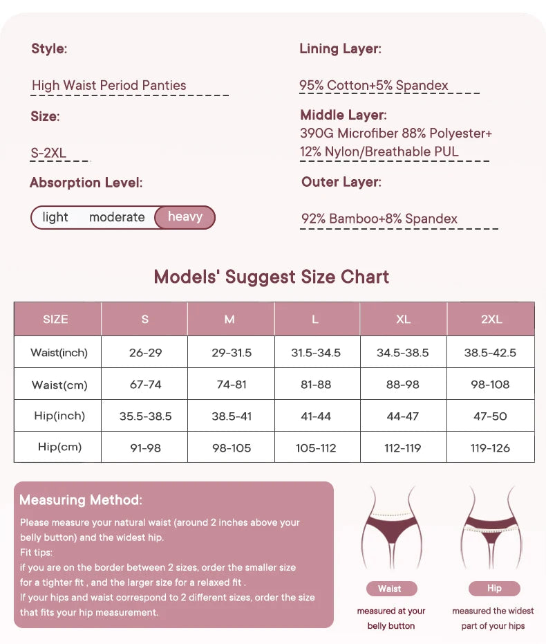 High Waist Leakproof Period Panties Bamboo Fibre Heavy Flow Absorbent Underwear Reusable Breathable.