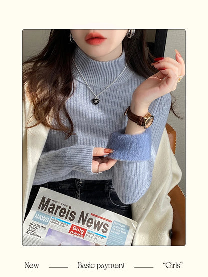 Women's Turtleneck Sweater Winter 2025 Retro with Velvet Lining Thickened Inner Wear Thermal Knitting Bottoming Shirt Pullovers