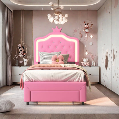 Rosahqnda Kinderbett, gepolsterter Bettrahmen, Krone, Kopfteil, Schubladenschrank, verstellbare Kopfteil-Lederoberfläche