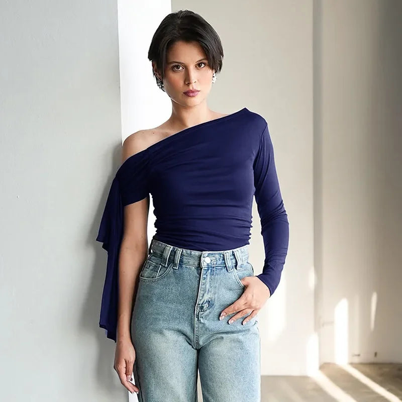 Y24TP610 Women's Autumn New Solid Color Crossbody Single Shoulder Top Sexy Asymmetric Single Sleeve T-Shirt From China.