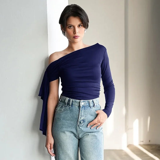 Y24TP610 Women's Autumn New Solid Color Crossbody Single Shoulder Top Sexy Asymmetric Single Sleeve T-Shirt From China.