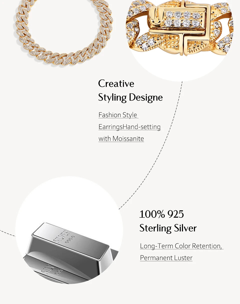 ATTAGEMS DVVS1 Full Moissanite Cuba Chain for Man Women 925 Sterling Silver 18k Gold Plated Hip Hop Tennis Bracelet Fine Jewelry.