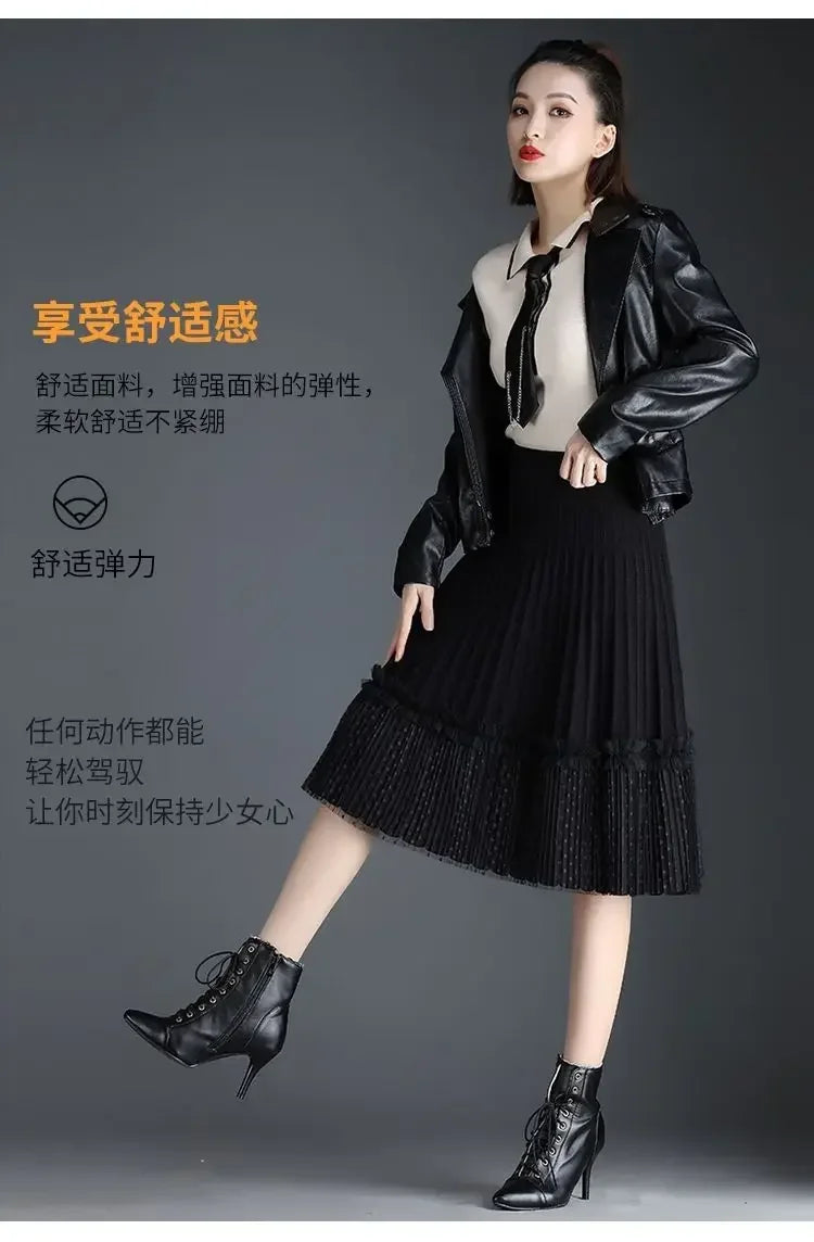 Korean Fashion Autumn Winter Women Solid Elastic High Waist Lace Patchwork Simplicity Mid-length A-line Pleated Knitted Skirt.