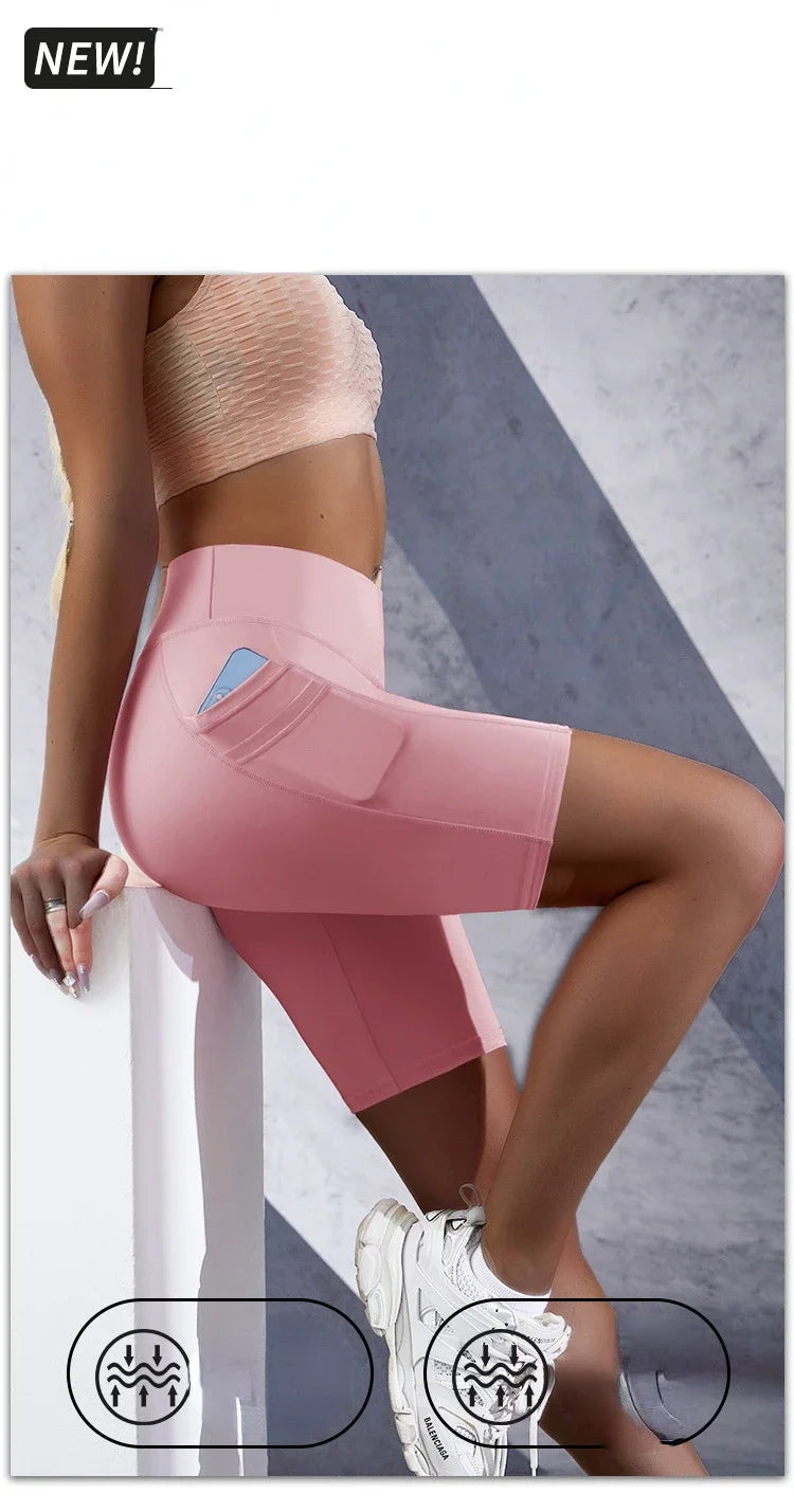 Double Pocket Sports Shorts Women Elastic Slim Shorts Gym Exercise Running High Waist Shorts Summer Yoga Casual Shorts for Women.