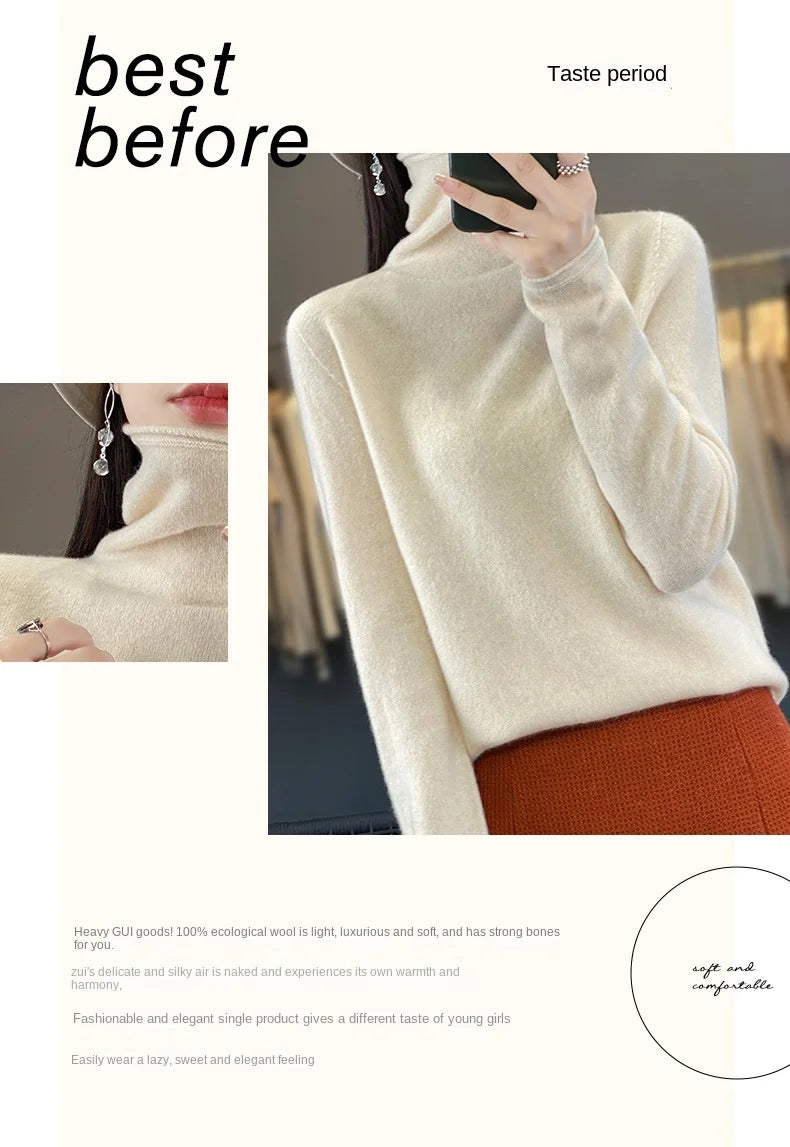 2025 100% Merino Wool Sweater Elegant Cashmere Pullover Women Pile Collar Long Sleeve Knitwear Basic Clothing  Jumper Tops.