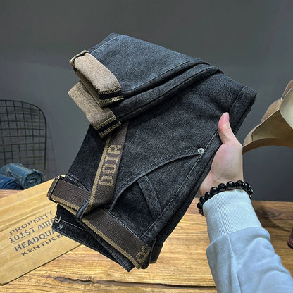 Tapered Jeans for Men's Clothing Autumn New Fashion Embroidered Korean Harem Pants Casual Stretch Black Denim Trousers.