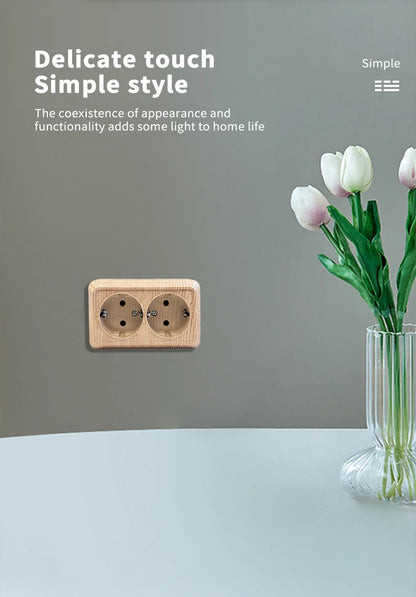 Holzfarbe, Wandoberfläche, 2-Steckdosen, Stecker, EU-Außensteckdosen mit Erdung, Steckdose für den Außenbereich, flammhemmender Kunststoff.