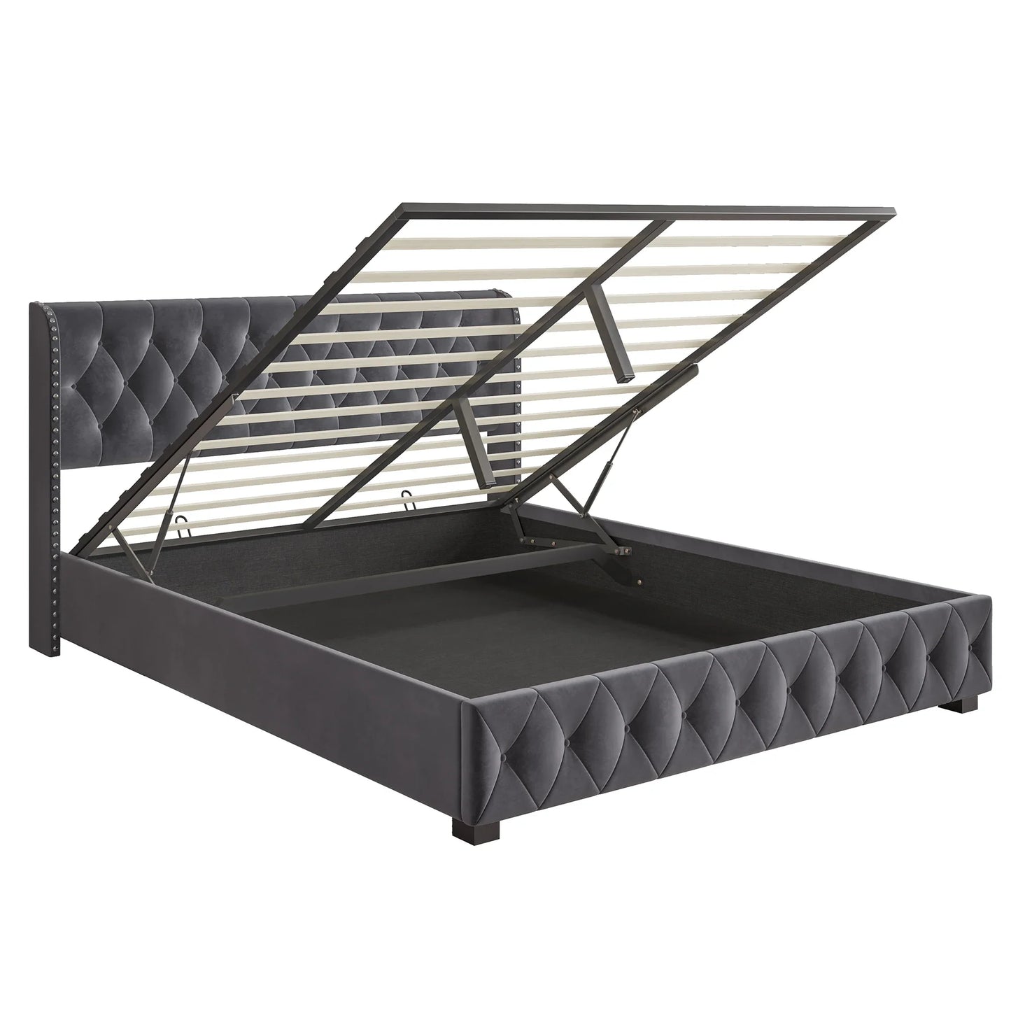 Rosahqnda Polsterbett 180 x 200 cm, hydraulisches Bett mit Aufbewahrungsfunktion, eleganter Bettrahmen im europäischen Stil, Erwachsene, Grau, Samt