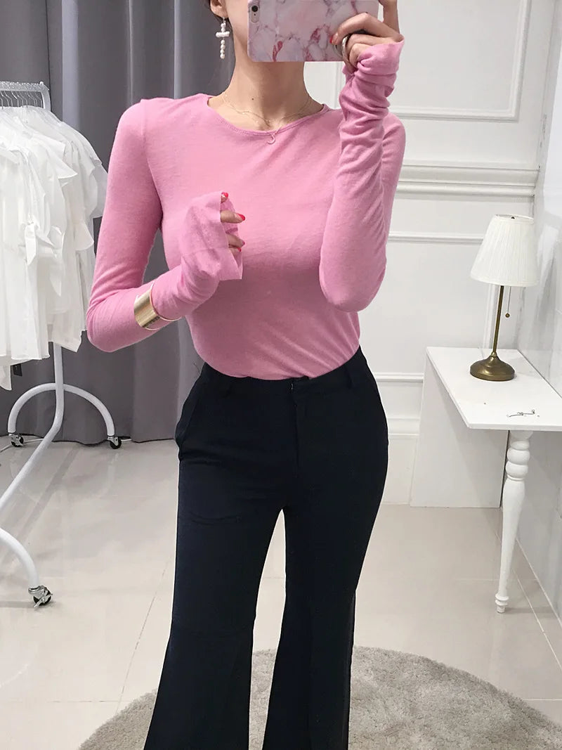 Sexy Shirt Women T-Shirt Long Sleeve Korean Style Slim Basic Elasticity Tshirt Top Womens Clothing T Shirt Femme.