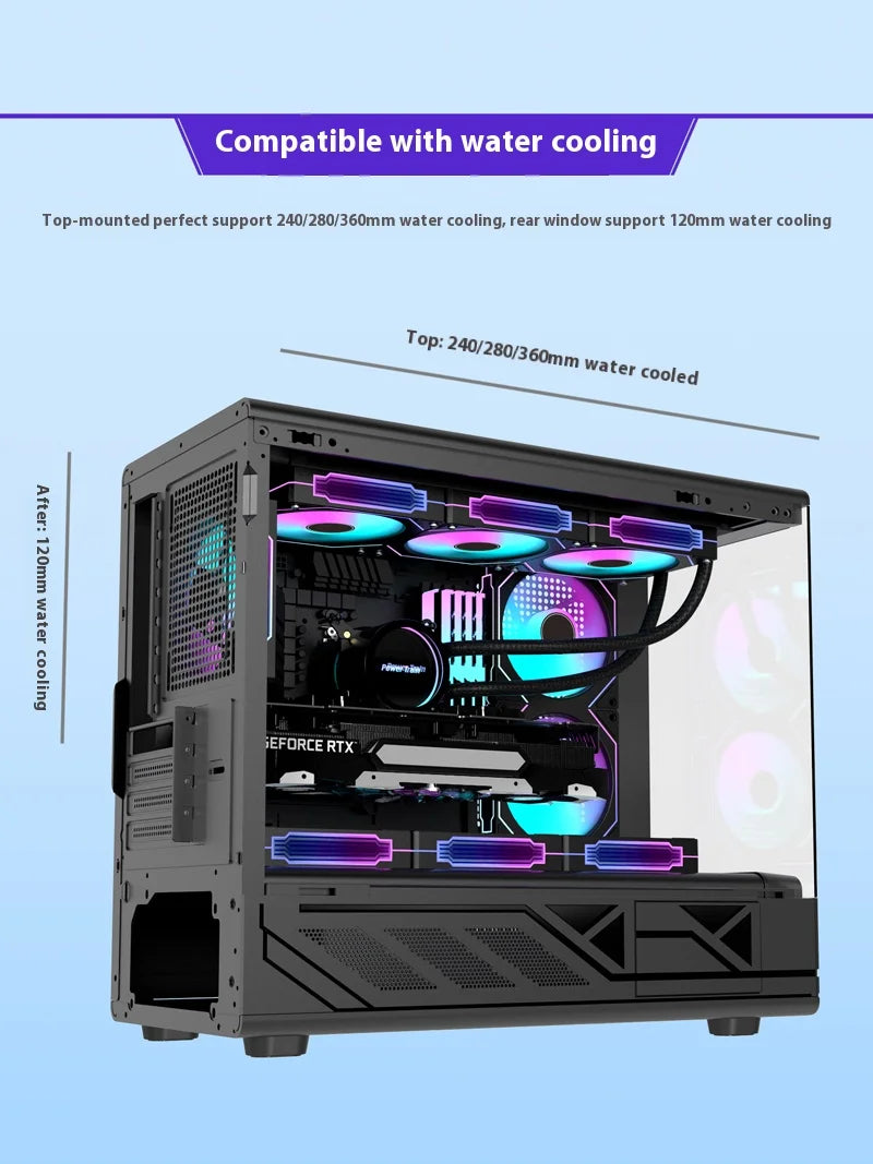 Power Train N5 MATX desktop room with a column-free sea view features a glass side computer case supports 360 water cooling.